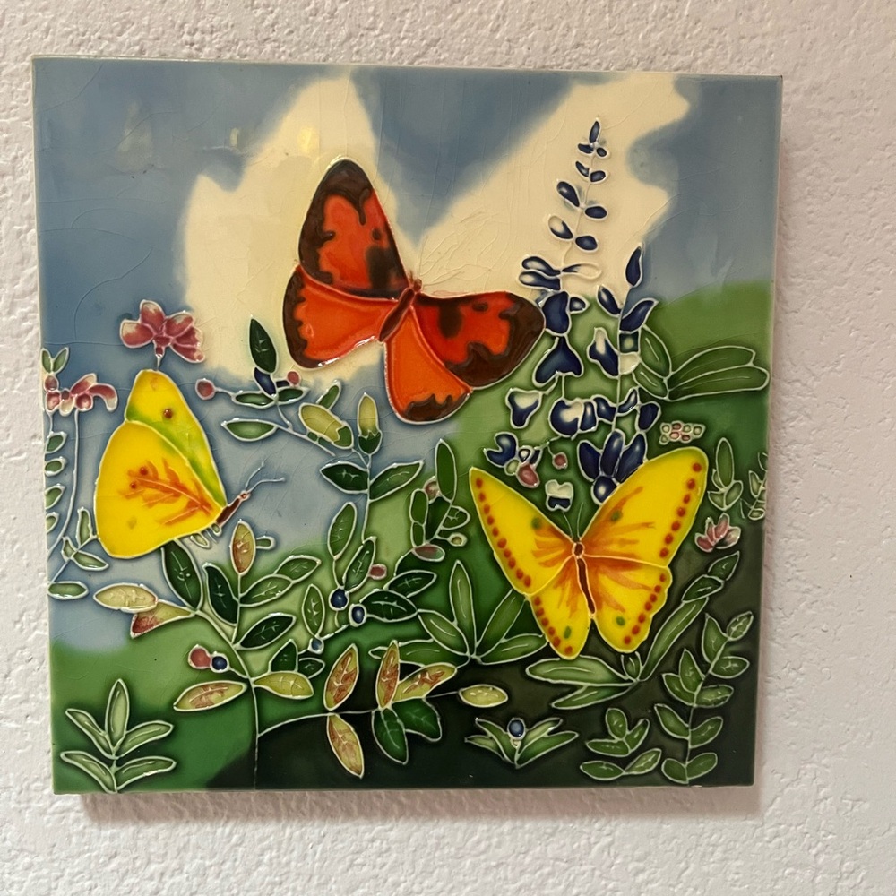 Fused Glass Butterfly Ceramic Tile Art| Cottage Garden Decor